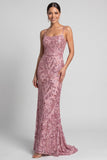 Vestido de noche rosa de sirenas brillantes con tirantes finos y lentejuelas