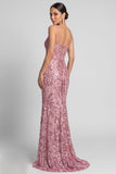 Vestido de noche rosa de sirenas brillantes con tirantes finos y lentejuelas