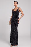 Vestido largo de noche con recorte de sirena negra con recorte en V y terciopelo de lentejuelas
