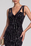 Vestido largo de noche con recorte de sirena negra con recorte en V y terciopelo de lentejuelas