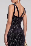 Vestido largo de noche con recorte de sirena negra con recorte en V y terciopelo de lentejuelas