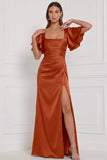 Vestido de dama de honor espresso con escote cuadrado y mangas acampanadas Maxi con abertura