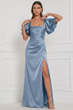 Vestido de dama de honor espresso con escote cuadrado y mangas acampanadas Maxi con abertura