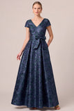 Vestido largo de madre de la novia, vestido largo de madre de novia con escote en V y escote en V azul marino