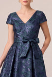 Vestido largo de madre de la novia, vestido largo de madre de novia con escote en V y escote en V azul marino