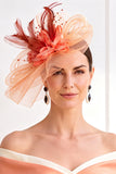 Sombrero fascinator de tela Sinamay Resina Naranja con Bucles de Tela 3D Plumas de Encaje y Fascinator con Cuentas