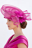 Sombrero fascinator azul de malla Sinamay con perlas de satén y pluma
