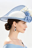 Sombrero fascinator de tela 3D de tela Sinamay Azul Blanco Sólido con Plumas