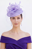 Crinolina Lila Loops Birdcage Grilling Grill Fascinator con plumas