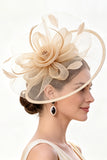 Sombrero fascinator con malla de flor de crinolina de champán con plumas
