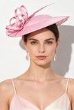 Sombrero fascinator de cintas de crinolina rosas con plumas