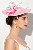 Sombrero fascinator de cintas de crinolina rosas con plumas
