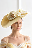 Sombrero fascinator de malla de paja tejida amarillo con mariposas y plumas de flor de tela