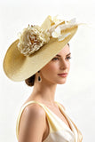 Sombrero fascinator de malla de paja tejida amarillo con mariposas y plumas de flor de tela