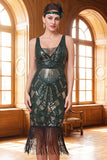 Vestido midi de los años 20 con delincuencia verde oscuro con escote en V y flecos