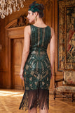Vestido midi de los años 20 con delincuencia verde oscuro con escote en V y flecos