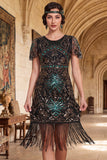 Vestido de los años 20 con flecos verde oscuro con cuello redondo y cuentas con flecos