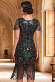 Vestido de los años 20 con flecos verde oscuro con cuello redondo y cuentas con flecos