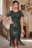 Vestido de los años 20 con flecos verde oscuro con cuello redondo y cuentas con flecos