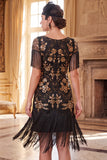 Vestido negro dorado de cuello redondo con lentejuelas de los años 20 y flecos