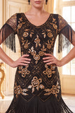 Vestido negro dorado de cuello redondo con lentejuelas de los años 20 y flecos