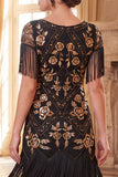 Vestido negro dorado de cuello redondo con lentejuelas de los años 20 y flecos