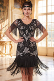 Vestido negro dorado de cuello redondo con lentejuelas de los años 20 y flecos