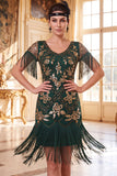 Vestido negro dorado de cuello redondo con lentejuelas de los años 20 y flecos