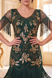 Vestido negro dorado de cuello redondo con lentejuelas de los años 20 y flecos