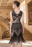 Vestido de flapper de los años 20 con escote en V y cuello en V negro