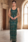 Vestido largo de flapper de los años 20 con cuello redondo verde oscuro con flecos