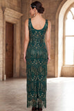 Vestido largo de flapper de los años 20 con cuello redondo verde oscuro con flecos