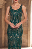 Vestido largo de flapper de los años 20 con cuello redondo verde oscuro con flecos