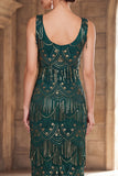 Vestido largo de flapper de los años 20 con cuello redondo verde oscuro con flecos