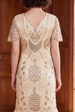 Vestido de albaricoque con escote en V y lentejuelas, funda de manga corta, vestido de los años 20 con flecos