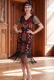Vestido de albaricoque con escote en V y lentejuelas, funda de manga corta, vestido de los años 20 con flecos