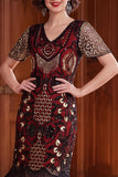 Vestido de albaricoque con escote en V y lentejuelas, funda de manga corta, vestido de los años 20 con flecos