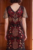 Vestido de albaricoque con escote en V y lentejuelas, funda de manga corta, vestido de los años 20 con flecos