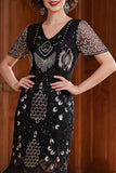 Vestido de albaricoque con escote en V y lentejuelas, funda de manga corta, vestido de los años 20 con flecos