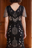 Vestido de albaricoque con escote en V y lentejuelas, funda de manga corta, vestido de los años 20 con flecos