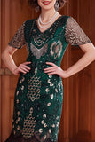 Vestido de albaricoque con escote en V y lentejuelas, funda de manga corta, vestido de los años 20 con flecos