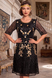 Vestido de flapper de los años 20 con bordado dorado negro de cuello redondo y lentejuelas de manga media