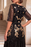 Vestido de flapper de los años 20 con bordado dorado negro de cuello redondo y lentejuelas de manga media
