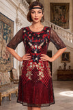 Vestido de flapper de los años 20 con bordado dorado negro de cuello redondo y lentejuelas de manga media