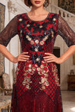 Vestido de flapper de los años 20 con bordado dorado negro de cuello redondo y lentejuelas de manga media