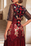 Vestido de flapper de los años 20 con bordado dorado negro de cuello redondo y lentejuelas de manga media