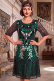 Vestido de flapper de los años 20 con bordado dorado negro de cuello redondo y lentejuelas de manga media