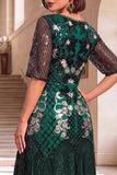 Vestido de flapper de los años 20 con bordado dorado negro de cuello redondo y lentejuelas de manga media