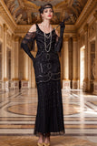 Vestido negro de hombros fríos, funda de cuentas con cuentas y tul, vestido de los años 20 con flecos