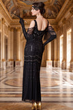 Vestido negro de hombros fríos, funda de cuentas con cuentas y tul, vestido de los años 20 con flecos